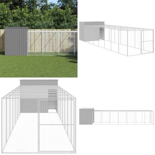 Hundehus med løbegård 214x865x181 cm galvaniseret stål lysegrå - Hundehus - Hundehuse - Home & Living