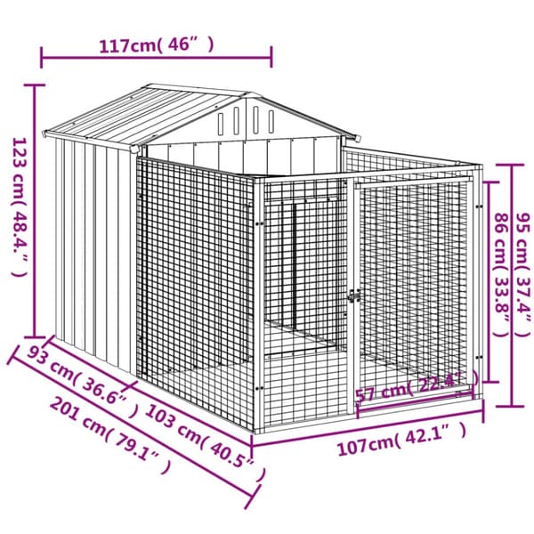 Hundehus med løbegård 117x201x123 cm galvaniseret stål lysegrå - Hundehus - Hundehuse - Home & Living