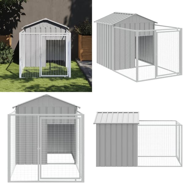 Hundehus med løbegård 117x201x123 cm galvaniseret stål lysegrå - Hundehus - Hundehuse - Home & Living