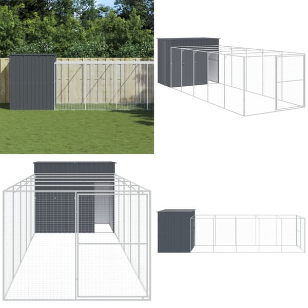 Hundehus med løbegård 214x661x181 cm galvaniseret stål antracit - Hundehus - Hundehuse - Home & Living