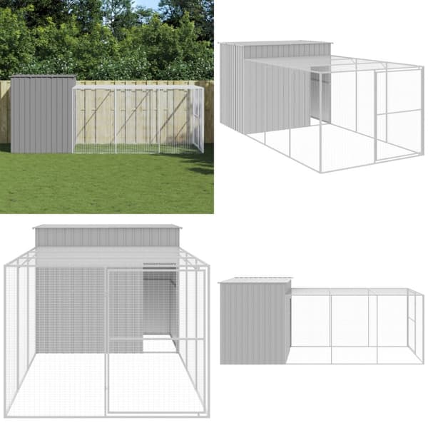 Hundehus med løbegård 214x457x181 cm galvaniseret stål lysegrå - Hundehus - Hundehuse - Home & Living