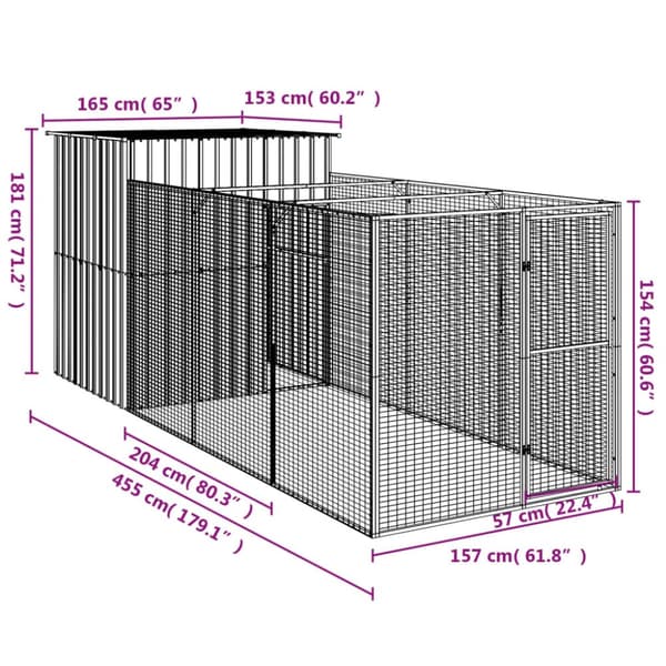 Hundehus med løbegård 165x455x181 cm galvaniseret stål lysegrå - Hundehus - Hundehuse - Home & Living