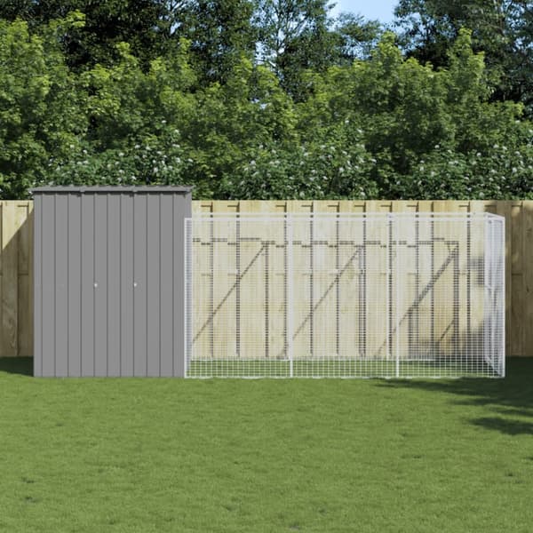 Hundehus med løbegård 165x455x181 cm galvaniseret stål lysegrå - Hundehus - Hundehuse - Home & Living