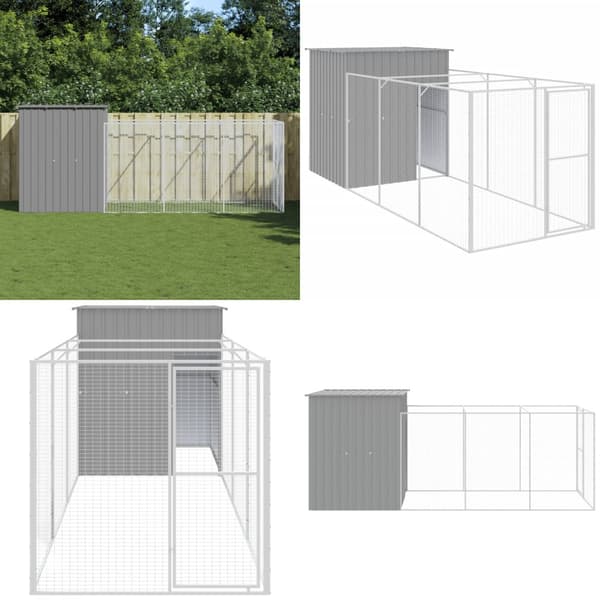 Hundehus med løbegård 165x455x181 cm galvaniseret stål lysegrå - Hundehus - Hundehuse - Home & Living
