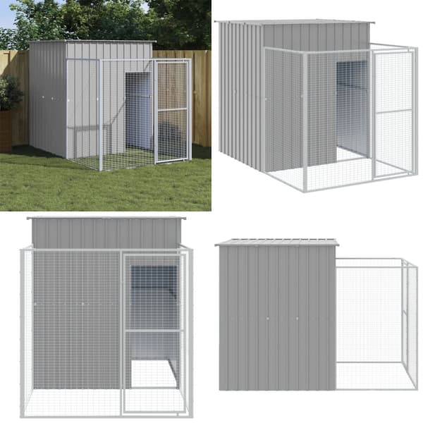 Hundehus med løbegård 165x251x181 cm galvaniseret stål lysegrå - Hundehus - Hundehuse - Home & Living