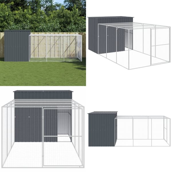 Hundehus med løbegård 214x457x181 cm galvaniseret stål antracit - Hundehus - Hundehuse - Home & Living