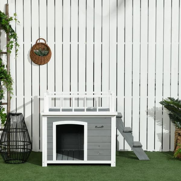 Rootz Hundehus - Tagterrasse - Trapper - Vindue - Gulvfrihed - Naturligt træ - Lysegrå - 121 x 77 x 78 cm