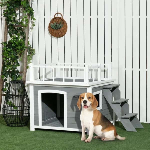 Rootz Hundehus - Tagterrasse - Trapper - Vindue - Gulvfrihed - Naturligt træ - Lysegrå - 121 x 77 x 78 cm