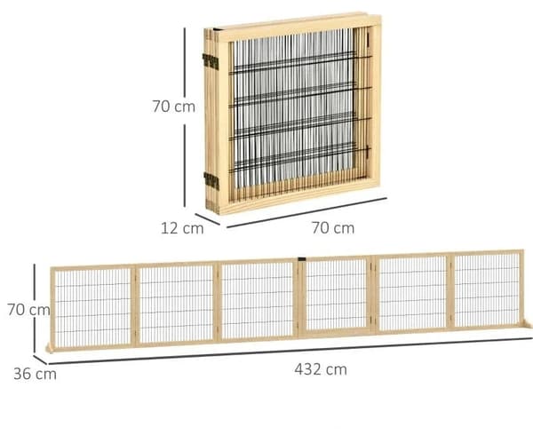 Rootz Pet Gate til hunde - Fyrretræ - Fritstående hundesikkerhedsbarriere - To støttefødder - Sammenfoldelig - Naturlig - 432 x 36 x 70 cm