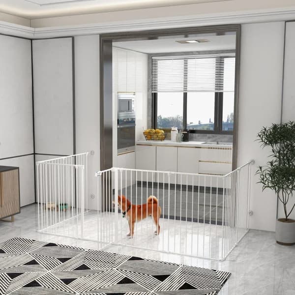 Rootz 2-i-1 Puppy Run Barrier - 8 Panel - Låsedør - Udendørs kabinet - Stål - Hvid - 154cm x 154cm x 90cm