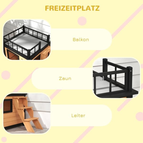 Rootz Wooden Dog House - Kattoterassi koirakennel - Kuusipuusta tehty lemmikkieläinsuoja - Vedenpitävä maali - Keltainen - 121cm x 77cm x 78cm