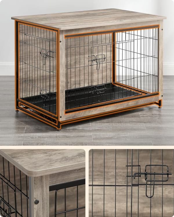 Hund Cage - Bænk - Ekstra stærk - Træ/metalramme - Grå