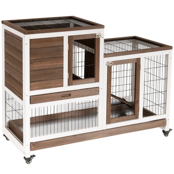 Rootz Rabbit Cage med 2 etager - Rabbit Hutch - Bunny House - Mobile on Wheels - 110 cm x 50 cm x 88 cm, let rengøring, 2 låselige døre