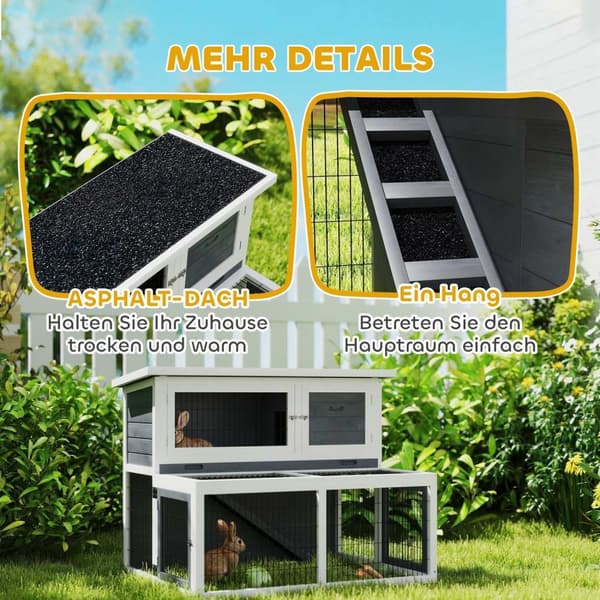 Rootz 2 Level Rabbit Stable - Hutch - Bunny House - Winter -Proof, Easy Clean - 122 cm x 95 cm x 93,5 cm
