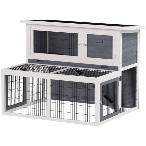 Rootz 2 Level Rabbit Stable - Hutch - Bunny House - Winter -Proof, Easy Clean - 122 cm x 95 cm x 93,5 cm