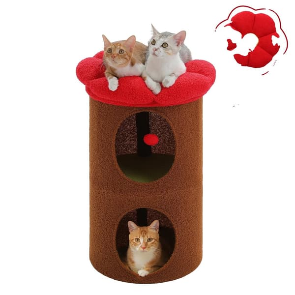 Blomster Kattehus, Dobbelt-Deck Design, Blød Plys Perch, Rummeligt til Flere Killinger,AMT0295BNAMT0295BN, Som billede