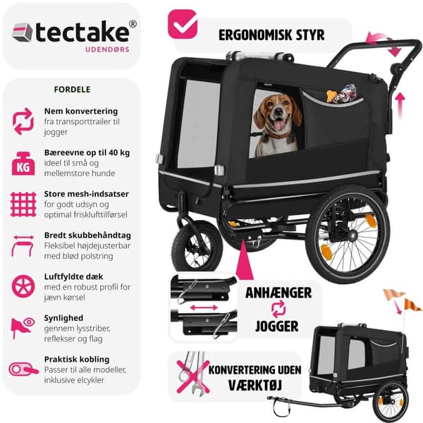 Cykeltrailer til hunde WoofRider, foldbar, op til 40 kg - sort