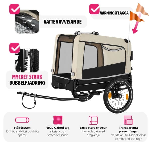Cykelvagn till hund WoofRider, hopfällbar, upp till 40 kg - beige