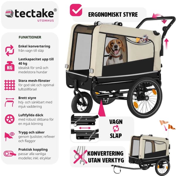 Cykelvagn till hund WoofRider, hopfällbar, upp till 40 kg - beige