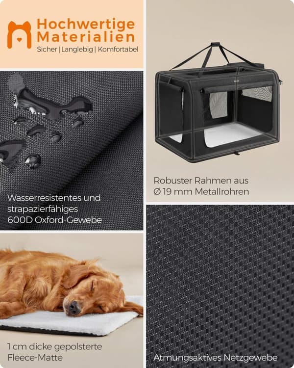 Rootz XXXXL sort hundeboks - Kæledyrsbur - Heavy Duty Kennel - Metalramme - 600D Oxford-stof - PVC-belægning - Fleecefor - 122 cm x 79 cm x 79 cm - Sa