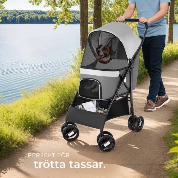 Hundvagn Eddy, hopfällbar, fjädrad, 2 säkerhetsbälten - ljusgrå/mörkgrå