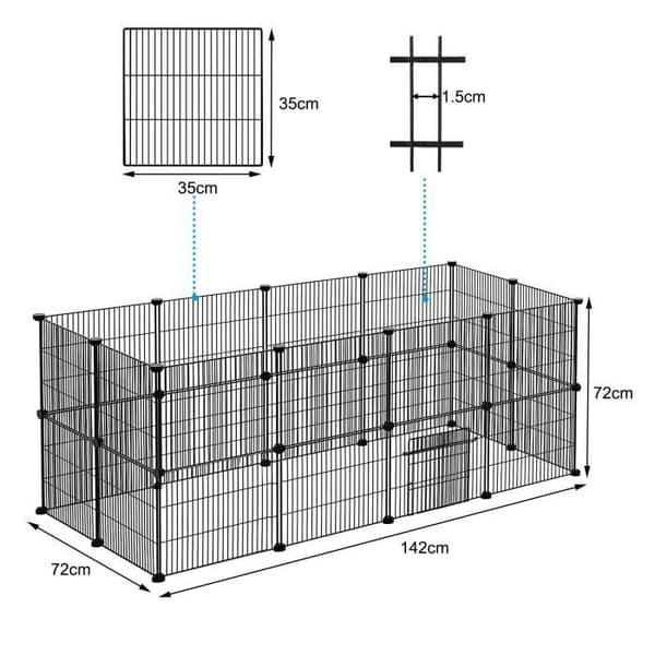 Inhägnad för Små Djur - XMTECH - 24 Paneler - Justerbar - Metall - Svart 142x72x72cm