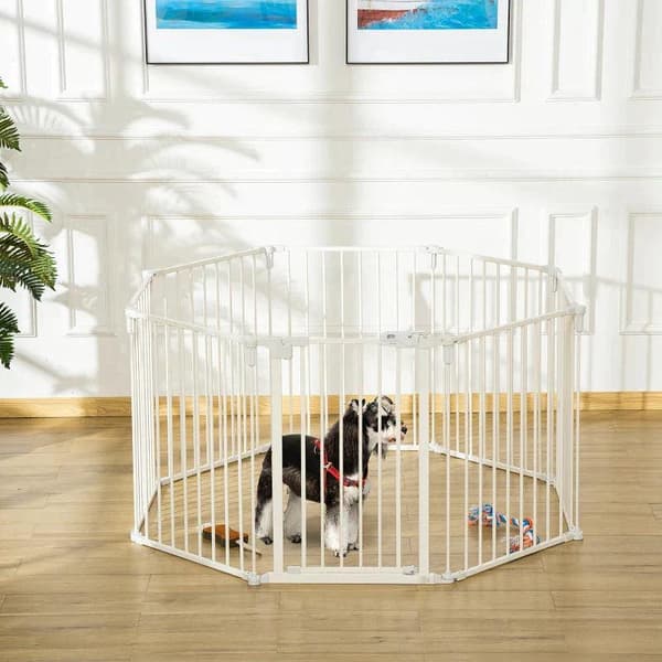Rootz Dog Guard - Puppy Run Outdoor Inhägnad för hundar - Skyddsgaller med dörr - Skorstensskyddsgaller - Flexibel - Vikbar - 8 paneler - Vit - 60 x 7