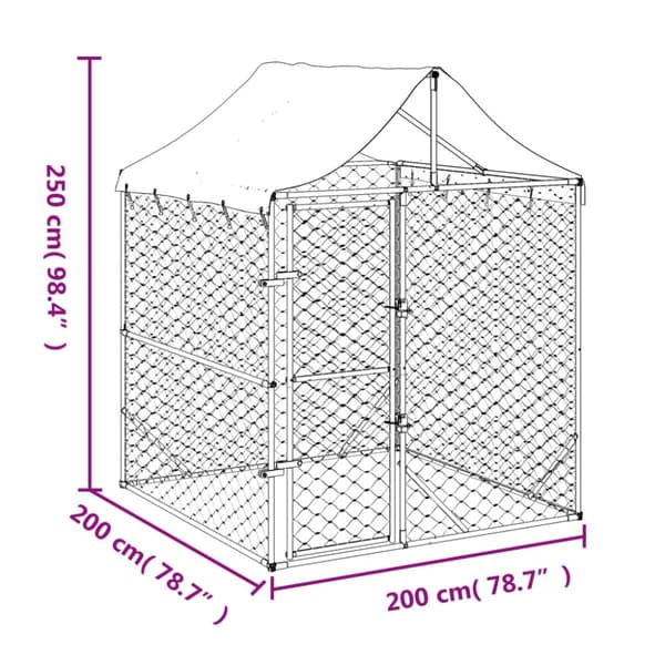Koiran ulkohäkki katolla hopea 2x2x2,5 m galvanoitu teräs