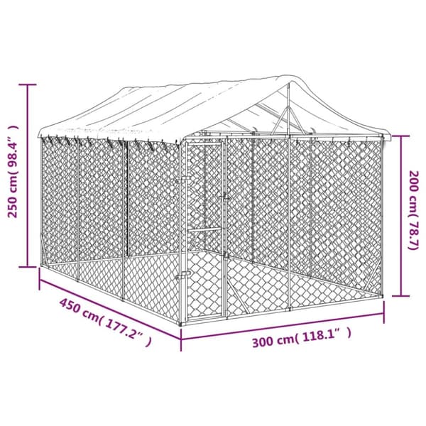 Koiran ulkohäkki katolla hopea 3x4,5x2,5 m galvanoitu teräs