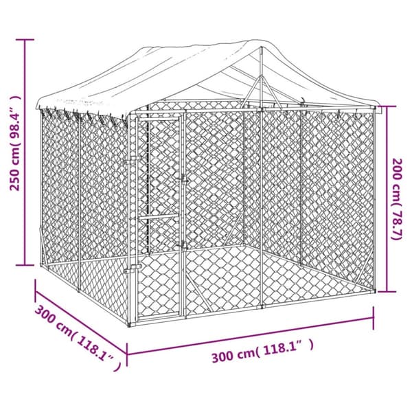 Koiran ulkohäkki katolla hopea 3x3x2,5 m galvanoitu teräs