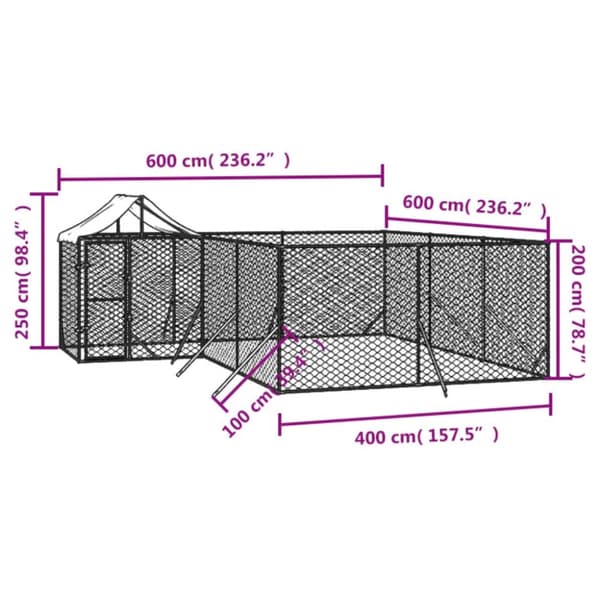 Koiran ulkohäkki katolla hopea 6x6x2,5 m galvanoitu teräs