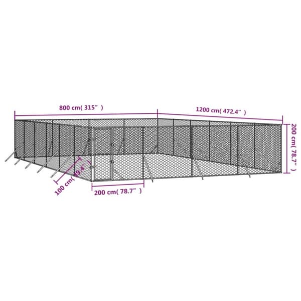 udendørs hundegård 8x12x2 m galvaniseret stål sølvfarvet