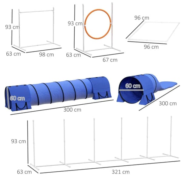 Rootz Dog Agility Set - 1 Hoop - Hundbana - 2 tunnlar - 2 häck - U-formad Ground Spike - Bärväska - Plast-ABS-oxford - Vit-orange-blå - 321 cm x 63c m