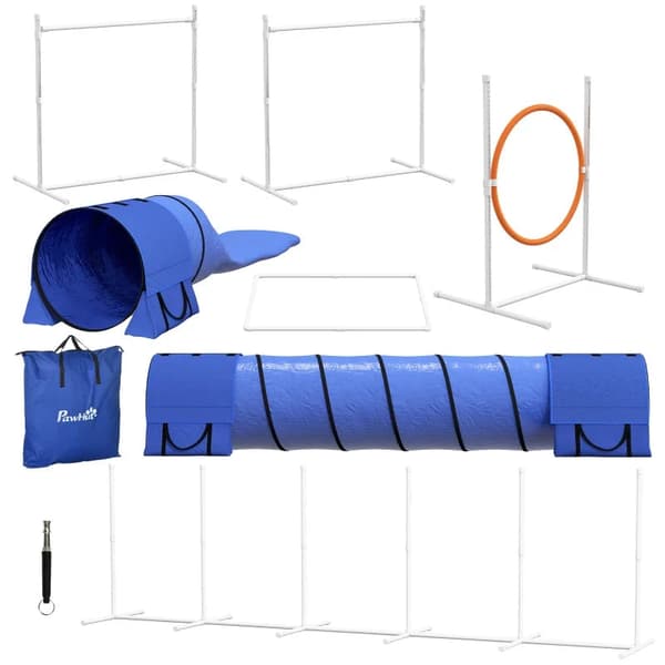 Rootz Dog Agility Set - 1 Hoop - Hundbana - 2 tunnlar - 2 häck - U-formad Ground Spike - Bärväska - Plast-ABS-oxford - Vit-orange-blå - 321 cm x 63c m