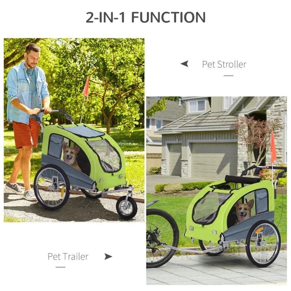 Rootz Pet Trailer - Hundetrailer - Glidefunktion - Foldbar - Regnslag - Reflekser - Grøn + Grå - 155 x 83 x 108cm