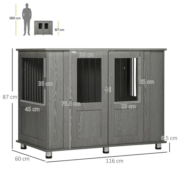 Rootz Hundekasse - 2 døre - Inklusiv lås - Mellemstore og store hunde - Magnetisk dør - Grå - 116 cm x 60 cm x 87 cm