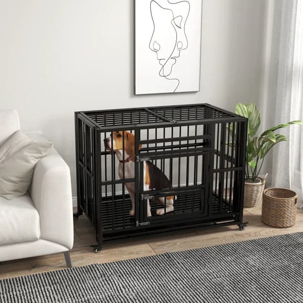 Rootz Dog Cate - Heavy Duty -koiran häkki - Sisältää pohjaalustan - Lukko - Yleispyörät - Irrotettava tarjotin - Musta - 94 cm x 58 cm x 78 cm