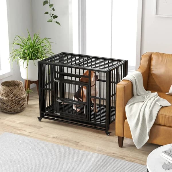 Rootz Dog Cate - Heavy Duty -koiran häkki - Sisältää pohjaalustan - Lukko - Yleispyörät - Irrotettava tarjotin - Musta - 94 cm x 58 cm x 78 cm