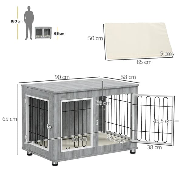 Rootz Hundebur - Hundehus - Vaskbar polstring - 2 låse - Spånplade - Oxford klud - Grå - 90 cm x 58 cm x 65 cm