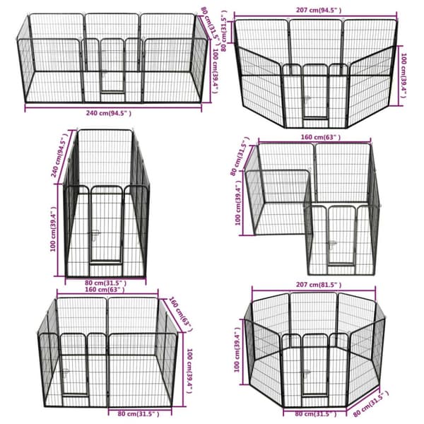vidaXL løbegård til hunde 8 paneler stål 80 x 100 sort -  Hundebure & løbegårde