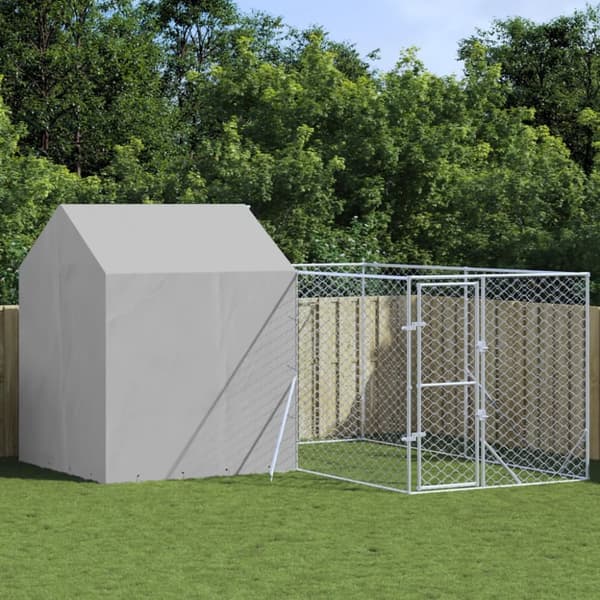 vidaXL udendørs hundegård med tag 4x4x2,5 m galvaniseret stål sølv -  Hundebure & løbegårde