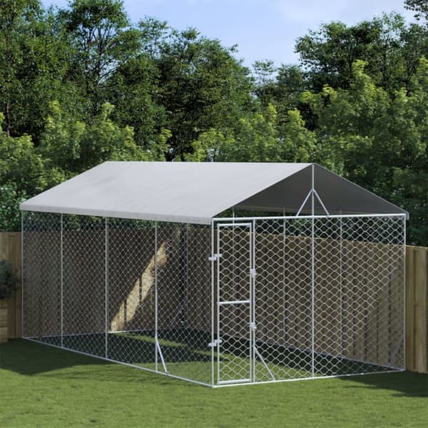 vidaXL udendørs hundegård med tag 3x6x2,5 m galvaniseret stål sølv -  Hundebure & løbegårde