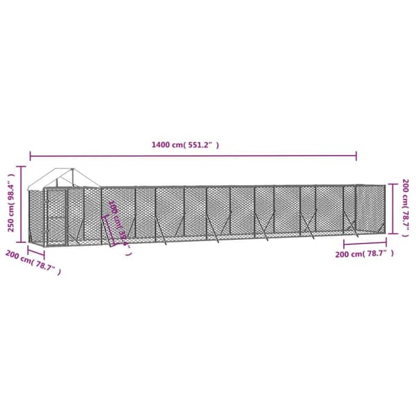 vidaXL Hundgård med tak silver 14x2x2,5 m galvaniserat stål - Hundkojor & rastgårdar