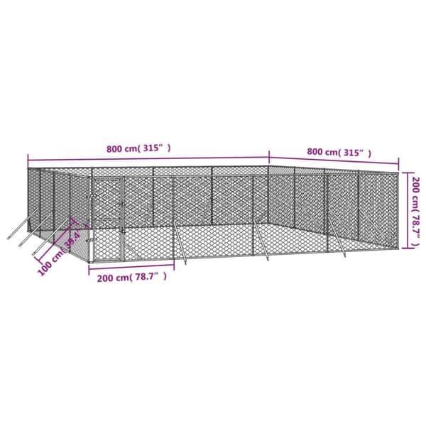 vidaXL Koiran ulkohäkki hopea 8x8x2 m galvanoitu teräs -  Koiranhäkit & aitaukset