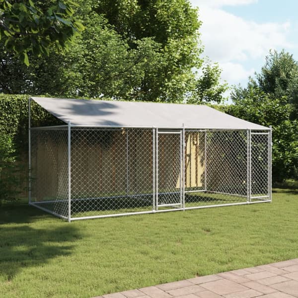 vidaXL hundegård med tag og låger 4x2x2 m galvaniseret stål grå -  Hundebure & løbegårde
