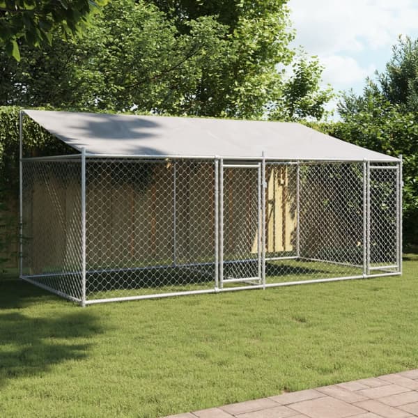 vidaXL hundegård med tag og låger 4x2x2 m galvaniseret stål grå -  Hundebure & løbegårde