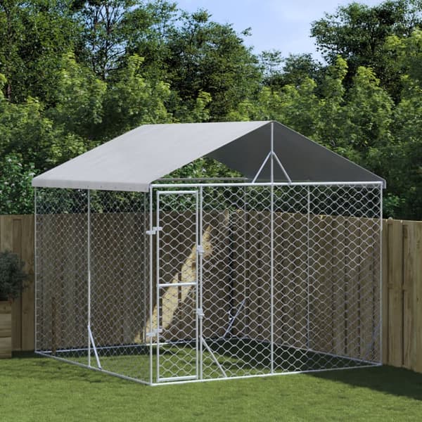 The Living Store Koiran ulkohäkki katolla hopea 3x3x2,5 m galvanoitu teräs - Koiranhäkit & aitaukset