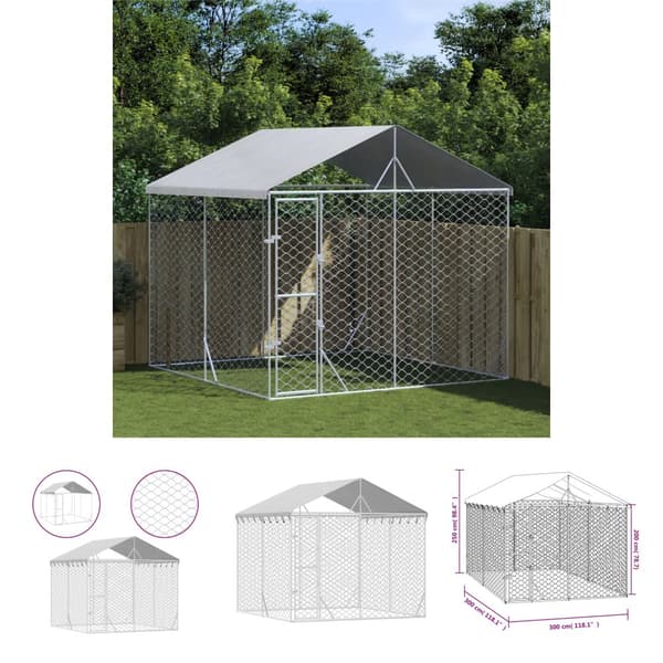 The Living Store Koiran ulkohäkki katolla hopea 3x3x2,5 m galvanoitu teräs - Koiranhäkit & aitaukset