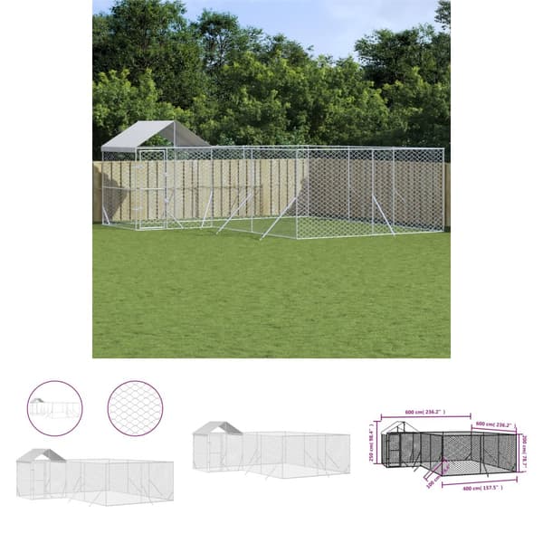 The Living Store Koiran ulkohäkki katolla hopea 6x6x2,5 m galvanoitu teräs - Koiranhäkit & aitaukset