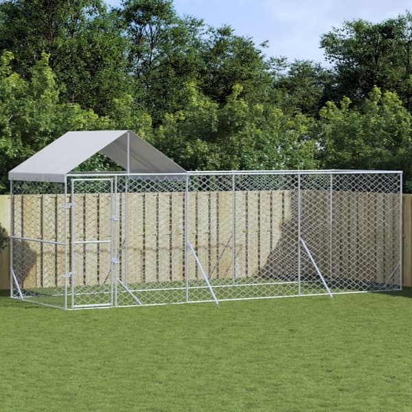 The Living Store Koiran ulkohäkki katolla hopea 6x2x2,5 m galvanoitu teräs - Koiranhäkit & aitaukset